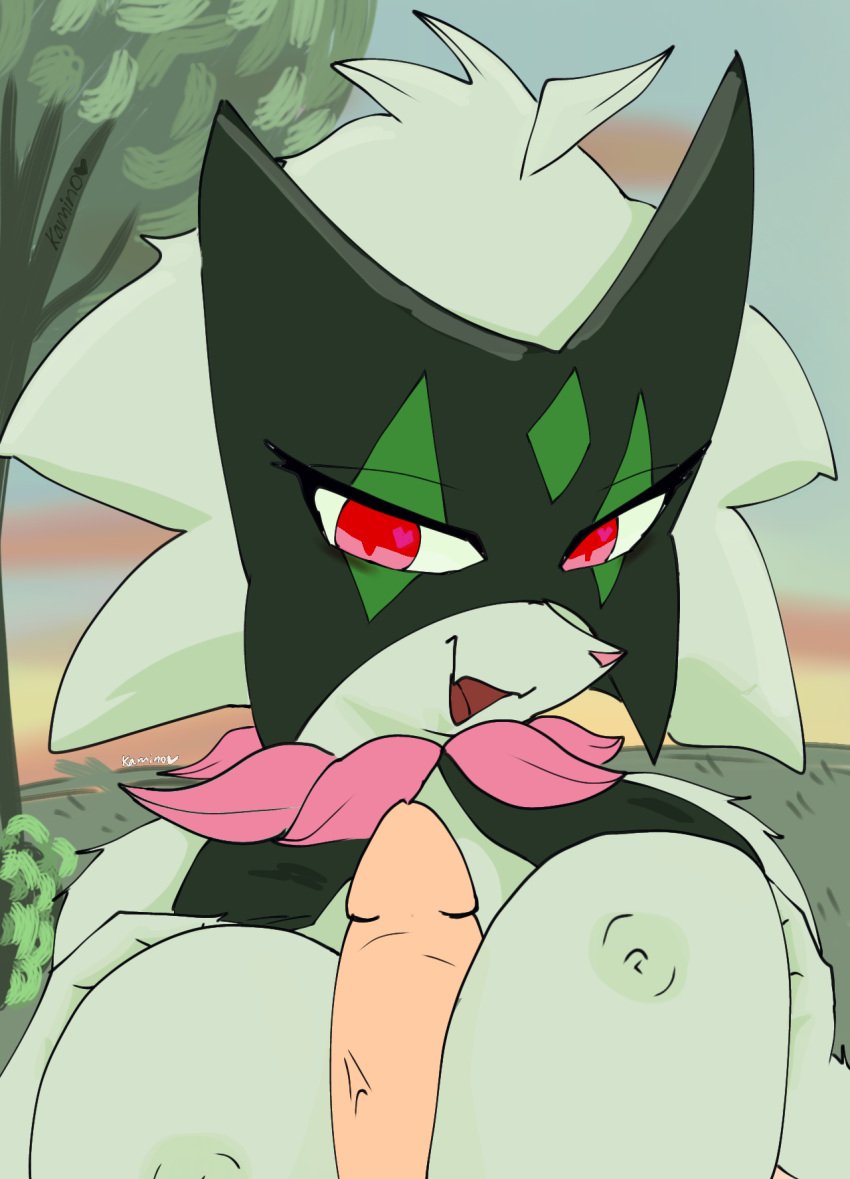 breast_play breasts female fur generation_9_pokemon green_body green_fur grey_nipples hi_res kamino1 meowscarada nintendo nipples pokemon pokemon_(species) red_eyes sex titjob