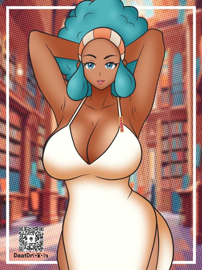 1girls afro armpits arms_behind_head artist_signature big_breasts big_hair clothed_female colored daatdraws dark-skinned_female dark_skin detailed_background female_only game_freak green_eyes green_hair gym_leader headband lenora_(pokemon) library nintendo pokemon pokemon_bw qr_code red_lipstick solo_female voluptuous voluptuous_female white_dress wide_hips