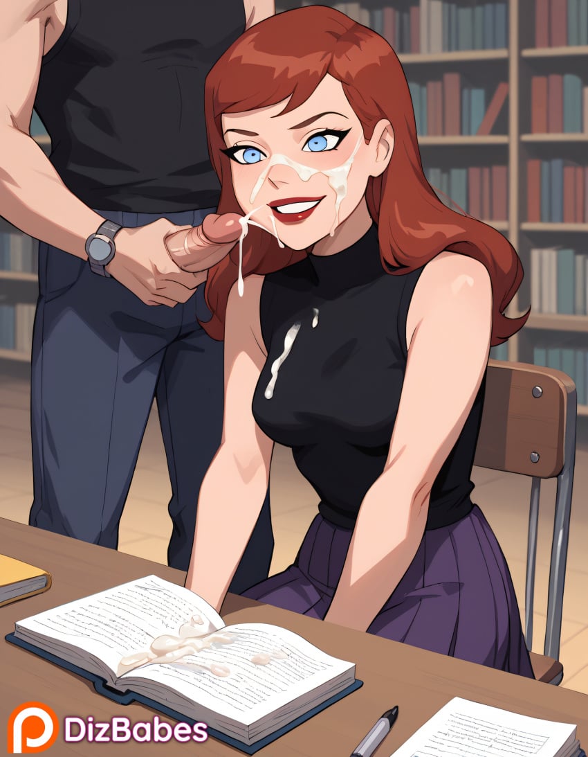 ai_generated barbara_gordon batgirl blue_eyes cum cum_on_clothes cum_on_face dc_comics dcau dizbabes ejaculation facial female library male_masturbation public purple_skirt red_hair sleeveless_shirt smile stable_diffusion