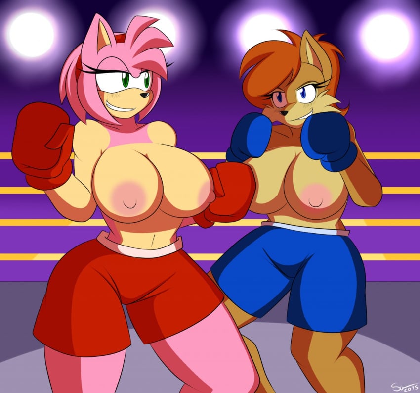 2015 amy_rose anthro archie_comics areola big_breasts boxing breasts brown_body brown_fur chipmunk clothed clothing duo erect_nipples eulipotyphlan female fur ground_squirrel hedgehog mammal nipples pink_body pink_hair red_hair rodent sally_acorn sciurid sega sonic_(series) sonic_the_hedgehog_(archie) sonic_the_hedgehog_(comics) sonic_the_hedgehog_(series) sport superix topless