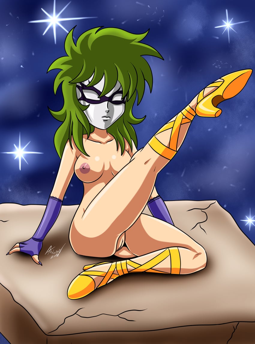 1girls 2018 andersonicth areolae breasts breasts_focus female female_focus female_only green_hair leg_up legs long_hair mask masked masked_female nails nipples nude nude_female ophiuchus_shaina pussy pussy_focus saint_seiya shounen_jump shueisha silver_saints sitting small_breasts solo solo_female solo_focus toei_animation weekly_shonen_jump weekly_shounen_jump