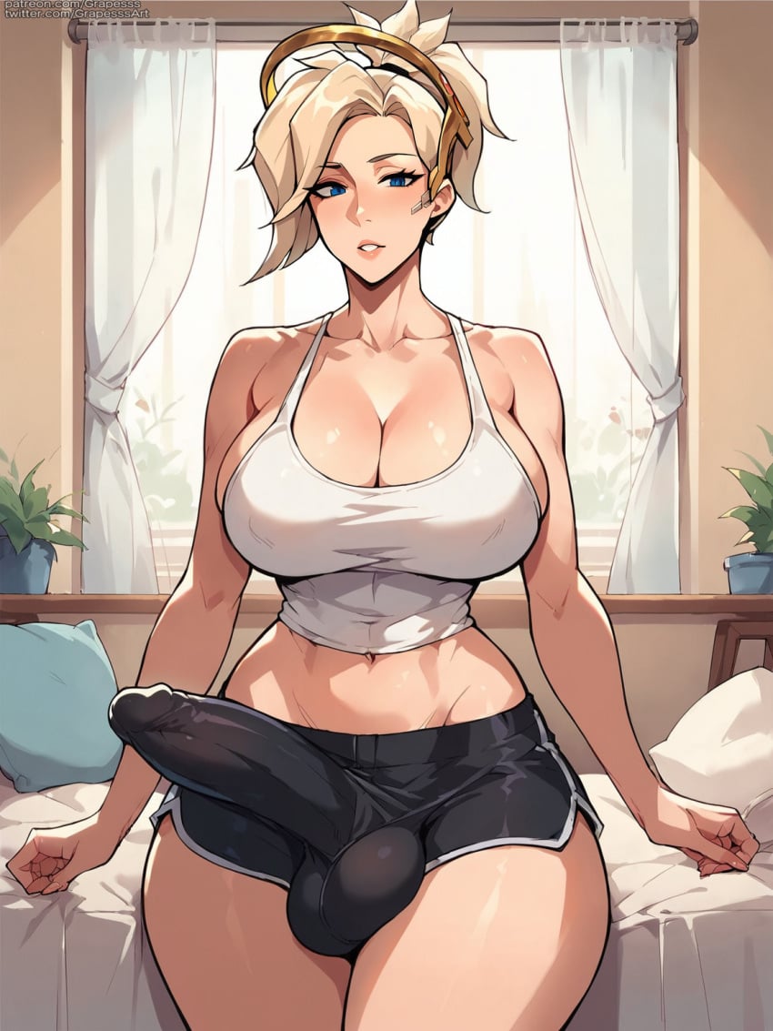 ai_generated bulge_through_clothing futanari grapesss light-skinned_futanari mercy overwatch