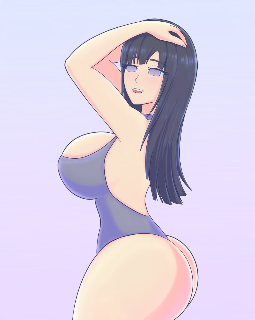 baosart big_ass big_breasts black_hair black_hair_female boobs_and_butt_pose different_ass_sizes hyuuga_hinata purple_bikini purple_bra purple_eyes thick_thighs