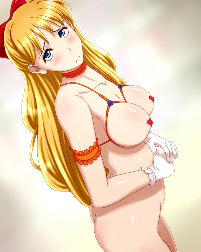 286c armband bishoujo_senshi_sailor_moon blonde_hair blue_eyes blush bottomless bow breastless_clothes choker dutch_angle erect_nipples female female_only frown gloves hairbow highres human minako_aino nude pasties shiny shiny_skin small_breasts solo white_gloves