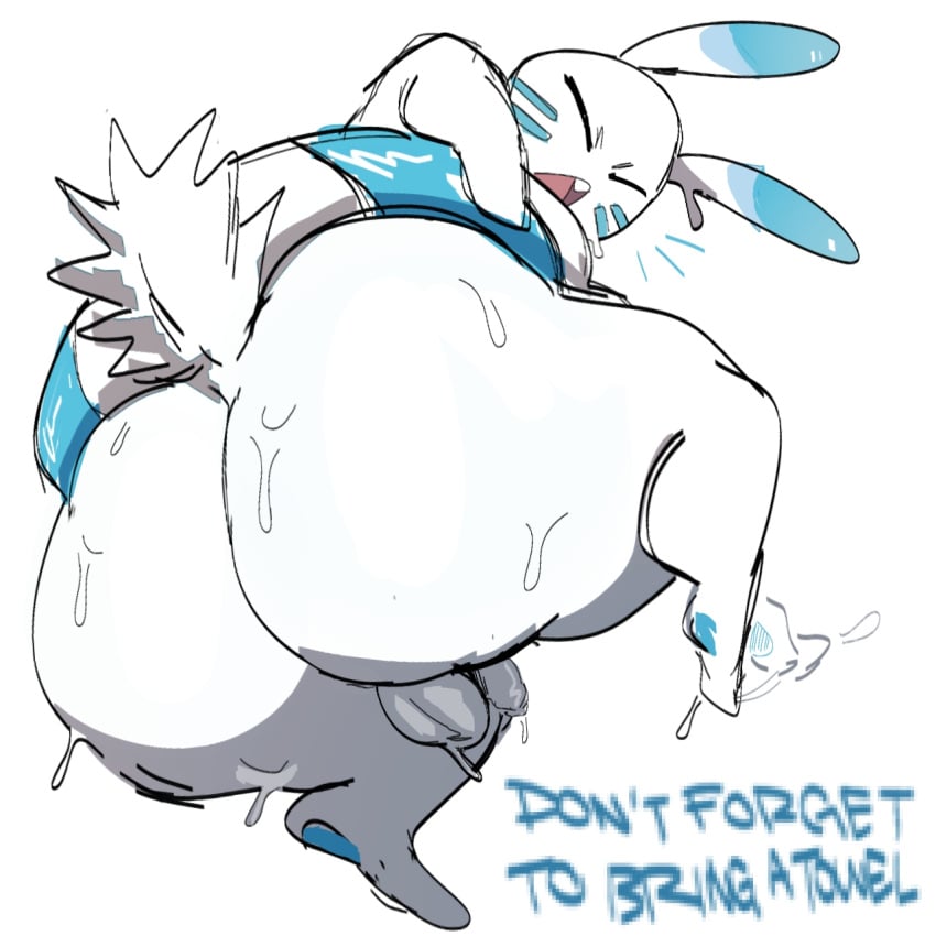 1:1 anthro ass balls beta_pokemon_(species) beta_pokemon_games big_butt blue_body blue_fur bottom_heavy closed_eyes english_text flaccid flotation_device fur gat0pussy24 genitals hi_res huge_butt humanoid_genitalia humanoid_penis lagomorph leporid male mammal nintendo open_mouth pear-shaped_figure penis pokemon rabbit solo text thick_thighs warabbit white_body white_fur wide_hips