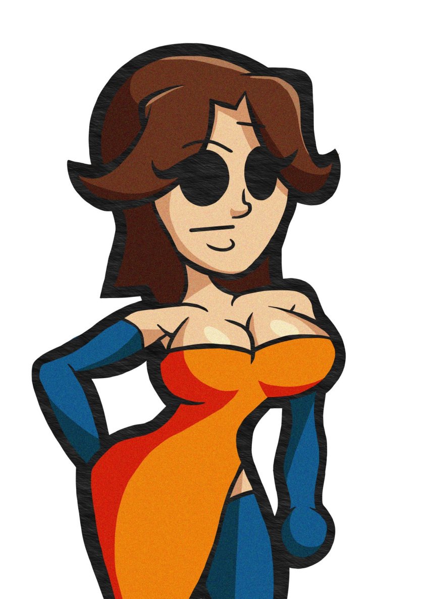 blue_gloves breasts brown_hair busty cleavage clothed confusion dress hlsolarguy mii mii_gunner mii_gunner_(smash_4) mob_face nintendo orange_clothing orange_dress simple_background super_smash_bros. tagme thighs