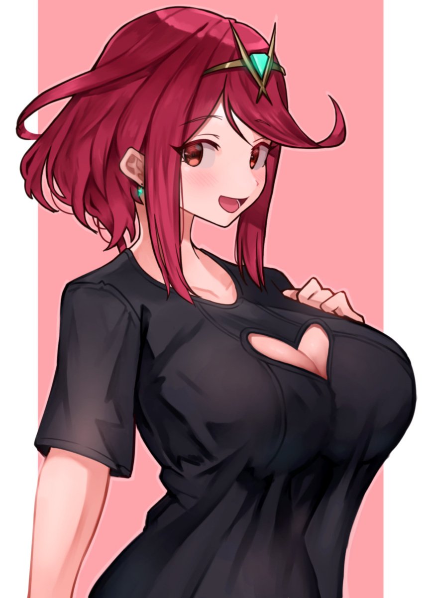 black_shirt boob_window large_breasts looking_at_viewer oniisan02b pyra pyra_(xenoblade) red_eyes red_hair smiling_at_viewer xenoblade_(series) xenoblade_chronicles_2 yotsuhauni