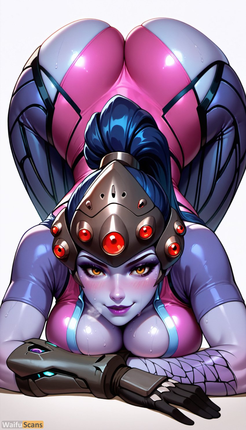 ai_generated ass blue_skin blush bodysuit breast_press breasts cleavage colored_skin female gloves hair_pulled_back head-mounted_display high_resolution highres large_breasts lips lipstick long_hair looking_at_viewer makeup overwatch pink_bodysuit ponytail purple_hair purple_lips purple_skin shiny shiny_clothes shiny_skin simple_background skin_tight smile solo stable_diffusion sweat thighs top-down_bottom-up waifuscans418 white_background widowmaker yellow_eyes