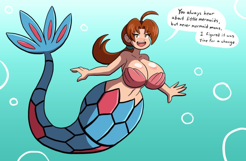 1girl alternate_species big_breasts bra breasts clothing curvy_figure delia_ketchum_(pokemon) english_text female generation_3_pokemon grepstrash hourglass_figure humanoid marine mature_female merfolk milotic nintendo pokemon pokemon_(species) seashell_bra solo split_form text underwater underwear water