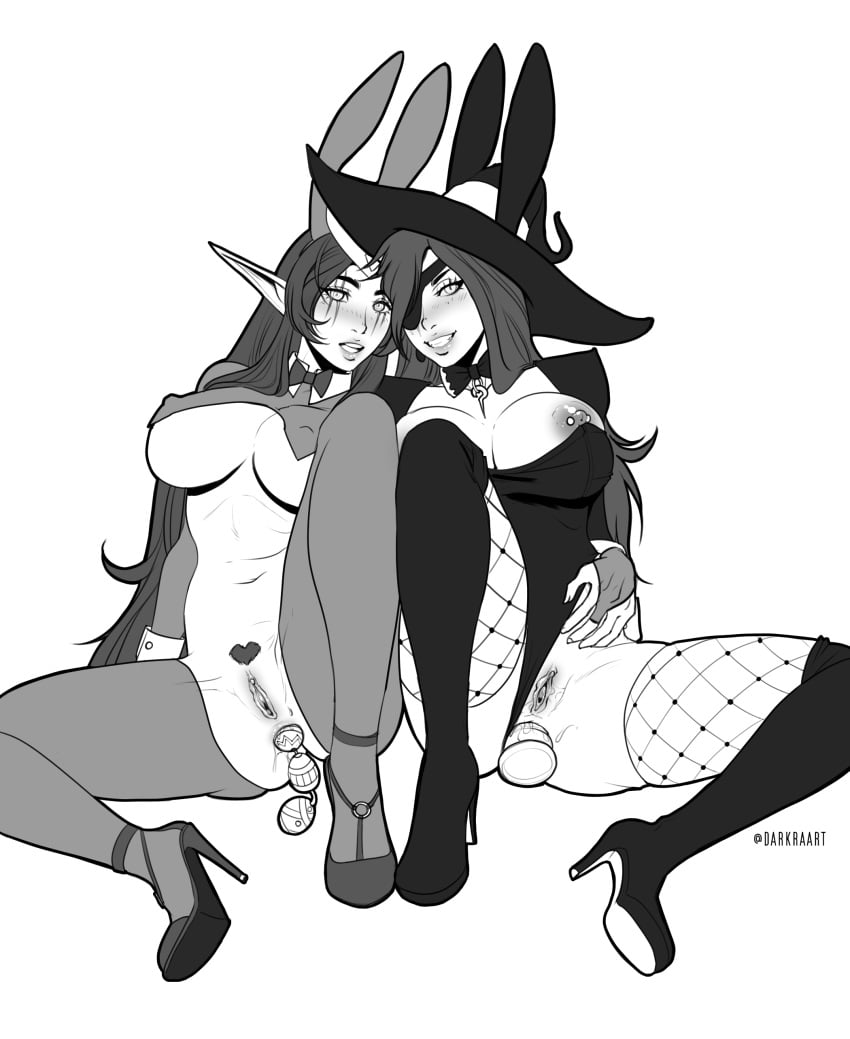 2girls anal anal_beads anal_insertion barbell_piercing big_breasts black_and_white blizzard_entertainment bunny_ears bunnysuit darkra dildo female fishnets high_heels line_art lulusa_wildmist masturbation night_elf nipple_piercing no_color original_character pubic_hair pussy reverse_bunnysuit sex_toy spread_legs stockings thick_thighs thighhighs warcraft wide_hips world_of_warcraft