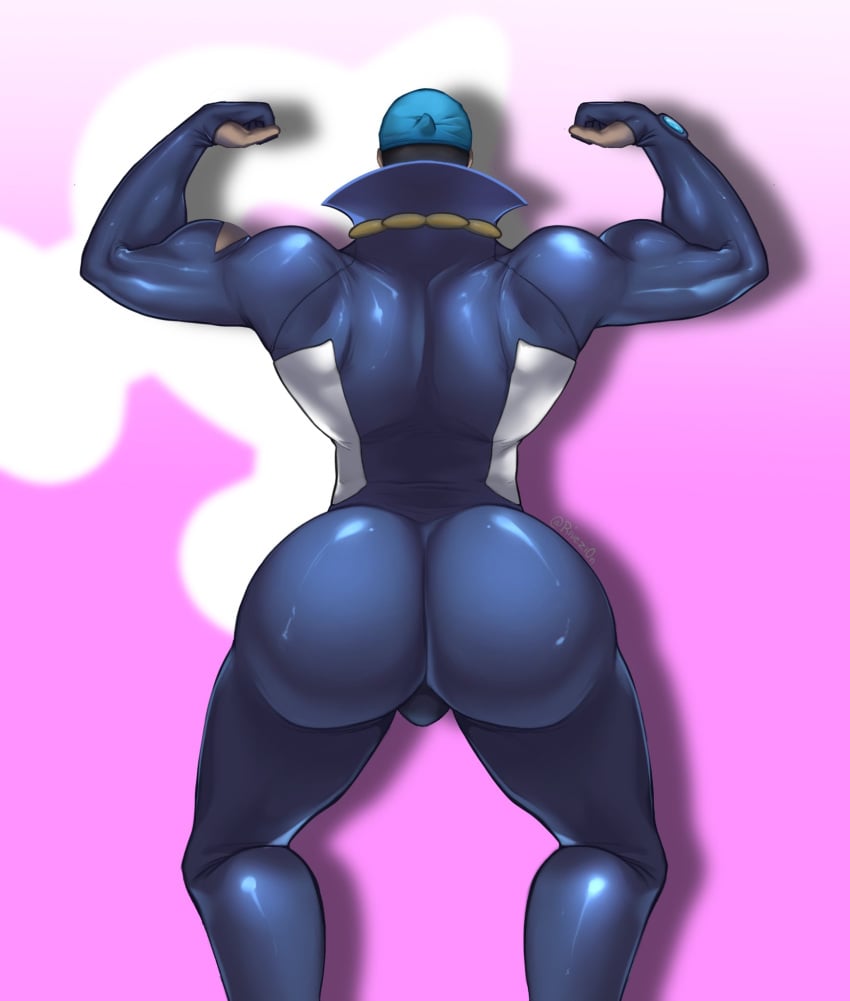 1boy archie_(pokemon) arms_up artist_name ass ass_focus back back_view bara biceps bulge clothed clothing flexing hi_res huge_ass large_ass male male_focus male_only muscular muscular_arms muscular_male muscular_thighs nintendo pokemon rivezion solo solo_male standing thighs