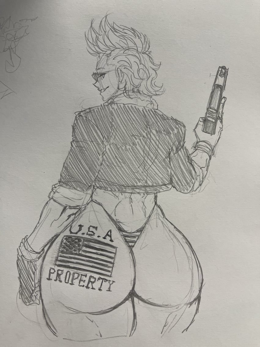 1girl american_flag american_flag_tattoo back_view bomber_jacket dat_ass fat_ass female female_only holding_object holding_weapon huge_ass humble_shark large_ass mia_shepherd thick_thighs