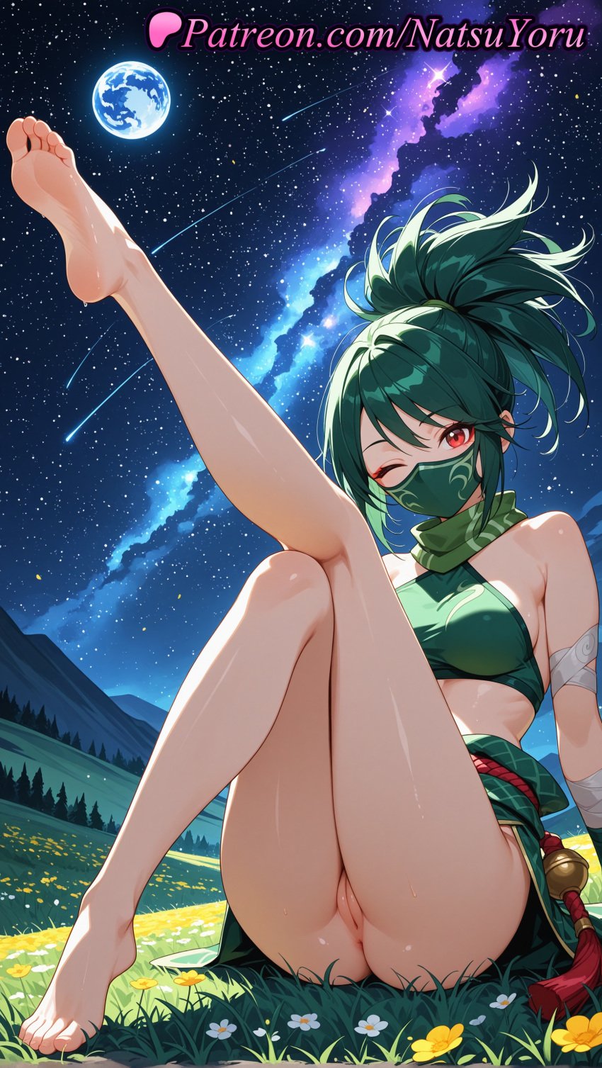 1girls 2025 ai ai_assisted ai_generated akali anime anime_style anus armpit_crease ass asshole bandaged_arm bandages bangs bare_legs bare_shoulders barefoot bottomless breasts bust busty caucasian cleft_of_venus crop_top crossed_legs feet female female_focus female_only field flower flower_field foot_fetish full_body full_moon grass green_hair green_shirt green_skirt hentai hi_res high_ponytail high_quality high_resolution highres juicy_butt knee_up labia labia_majora league_of_legends league_of_legends:_wild_rift leg_up legs legs_up long_hair looking_at_viewer makeup mask medium_breasts medium_hair moon mountain mountainous_horizon mouth_mask natsuyoru night night_sky ninja ninja_mask no_panties non-asian on_grass one_eye_closed oshiri outdoors paipan pale_skin patreon planet ponytail pussy red_eyes riot_games rope_belt scarf shaved_vagina shirt shooting_star sitting skirt sky sleeveless sleeveless_shirt soles solo solo_female stable_diffusion star_(sky) starry_sky thighs toenails toes uncensored vagina voluptuous voluptuous_female