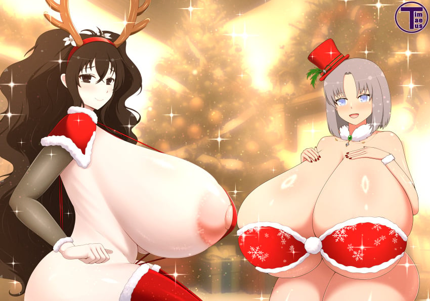 2girls areolae artist_name ass black_eyes black_hair blue_eyes blush breasts breasts_bigger_than_head christmas christmas_bikini christmas_outfit christmas_tree cleavage female female_focus female_only flower_in_hair fubuki_(senran_kagura) grey_hair hairband hands_on_own_chest hat huge_breasts large_breasts long_hair looking_at_viewer massive_breasts multiple_girls nipples reindeer_antlers senran_kagura short_hair sideboob sling_bikini smile sparkles thick_thighs thighhighs thighs timaeus yumi_(senran_kagura)