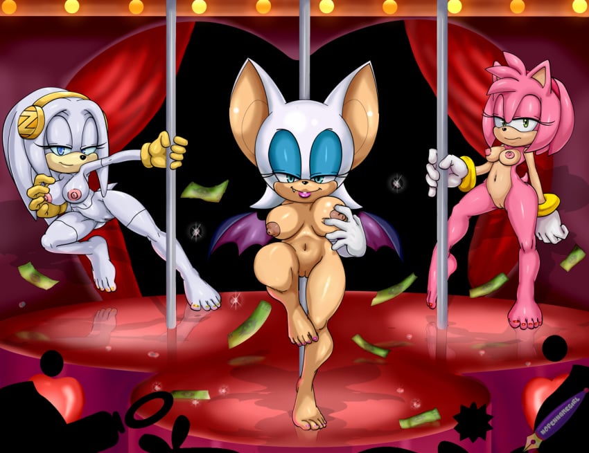 2015 amy_rose anthro areola bat big_breasts breasts echidna erect_nipples female hedgehog mammal monotreme navel nipples pink_hair pussy ravnic rouge_the_bat sonic_(series) stripper zeta_the_echidna