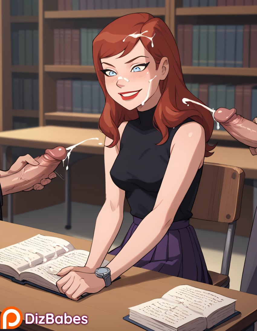 ai_generated barbara_gordon batgirl blue_eyes cum cum_on_face cum_on_hair dc_comics dcau dizbabes ejaculation facial female fully_clothed library male_masturbation multiple_boys public purple_skirt red_hair sleeveless_shirt smile stable_diffusion wristwatch