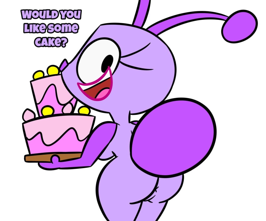 2025 ant antennae_(anatomy) anthro anus arthropod arthropod_abdomen ass black_eyes boogie_bugs breasts cake dessert digital_media_(artwork) english_text eyelashes female food genitals hi_res hymenopteran insects jdone looking_at_viewer mi-mi_(boogie_bugs) nude purple_body rear_view simple_background smile solo text white_background