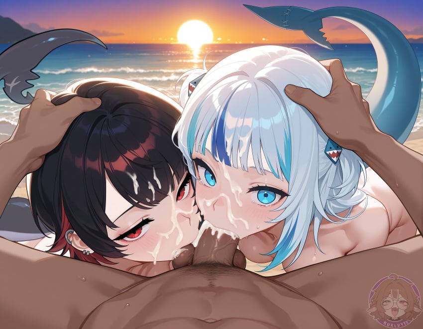 1boy 2girls ai_assisted beach black_hair blue_eyes blue_hair cooperative_fellatio cum_in_hair cum_in_mouth cum_on_face earrings ellen_joe fellatio gawr_gura half-closed_eyes head_grab hololive kurly435 medium_hair ocean red_eyes red_hair seductive_look shark_girl shark_hair_ornament shark_tail small_breasts sunset tail tearing_up testicle_sucking twitter_username vtuber white_hair wide_eyed zenless_zone_zero