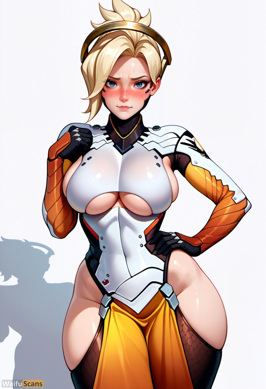 ai_generated artist_name blonde_hair blue_eyes blush bodysuit breasts cowboy_shot female gloves halo hand_on_hip high_resolution highres large_breasts lips looking_at_viewer mechanical_halo mercy_(overwatch) overwatch pelvic_curtain ponytail shadow sideboob simple_background skindentation solo stable_diffusion thick_thighs thighs underboob waifuscans418 white_background wide_hips