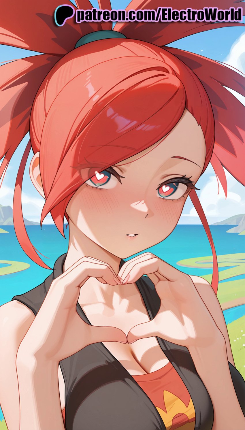 1girls 2025 ai ai_assisted ai_generated anime anime_girl anime_style artist_name bare_shoulders beach big_breasts big_breasts big_breasts big_chest blue_sky blush breast breasts breasts breasts bust busty chest cleavage cloud day electroworld female flannery_(pokemon) heart heart-shaped_pupils heart_hands hi_res high_quality high_resolution highres large_breasts long_hair looking_at_viewer nintendo ocean outdoors patreon patreon_username pokemon pokemon_rse red_eyes red_hair sky solo stable_diffusion symbol-shaped_pupils watermark