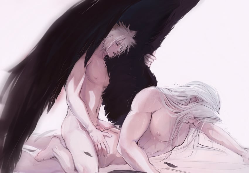 2boys anal black_wings blonde_hair blush clenched_teeth closed_eyes cloud_strife cyfil7 feathers final_fantasy final_fantasy_vii grey_hair highres long_hair male_focus male_penetrated multiple_boys nipples nude open_mouth penis sephiroth sex sex_from_behind short_hair single_wing teeth uncensored wings yaoi