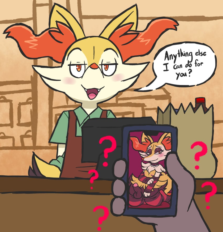 2025 anthro balls braixen canid canine cheek_tuft clothed clothing crossdressing duo english_text eyebrows facial_tuft fangs fur fur_tuft generation_6_pokemon genitals half-closed_eyes hi_res male mammal narrowed_eyes nintendo open_mouth penis pokemon pokemon_(species) ruined_reputation sinribbons solo_focus speech_bubble teeth text tongue tuft