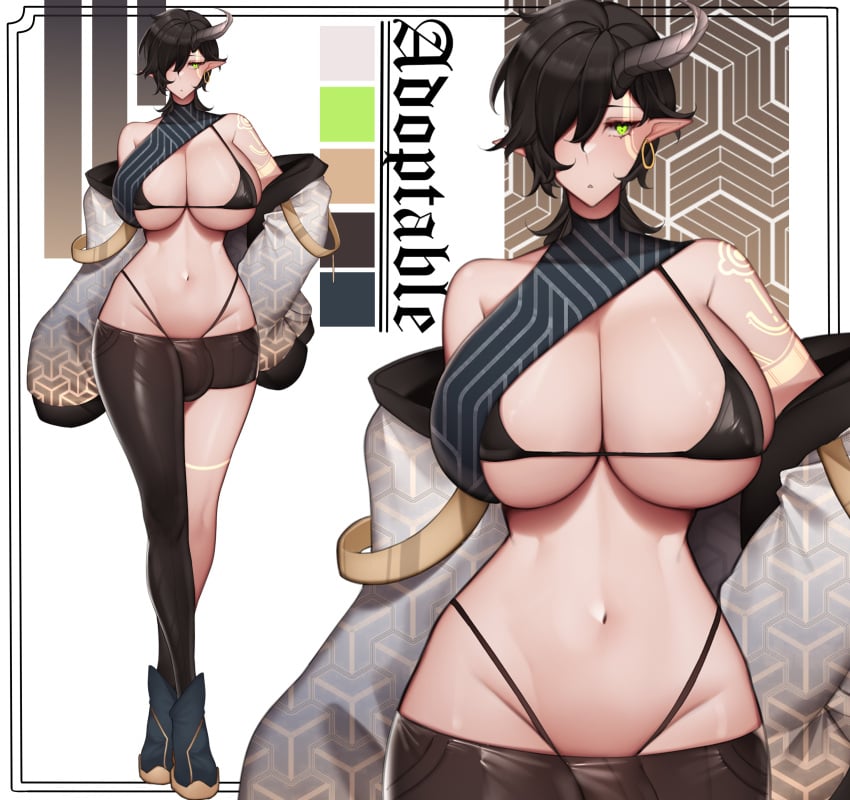 1futa bare_shoulders belly belly_button big_breasts bikini_strings black_hair breasts bulge bulge_through_clothing busty character_sheet clothed clothing dark_hair designer_clothing ear_piercing earring earrings elf_ears face_markings flaccid full_body futa_only futanari green_eyes hips horn huge_breasts humanoid humanoid_penis large_breasts light-skinned_futanari light_skin long_ears long_legs markings mostly_nude oc one_horn original original_character penis penis_bulge piercing punk_hair sharp_ears short_hair singular_horn solo standing thick_legs thick_thighs thighs tummy unbeller wide_hips