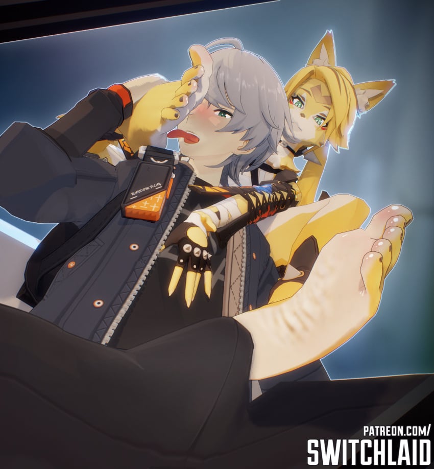 1boy 1girls 3d anthro blush bulge cat_girl feet foot_fetish foot_licking footjob imminent_footjob interspecies pulchra_(zenless_zone_zero) soles straight switchlaid wise_(zenless_zone_zero) zenless_zone_zero