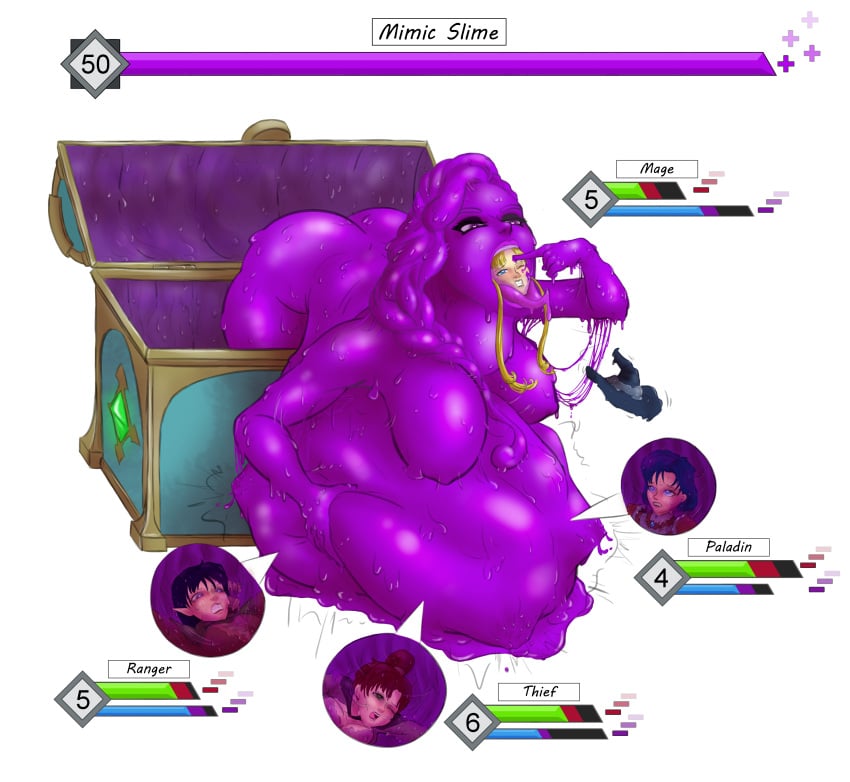 boss_fight boss_monster digestion female_pred female_prey freyahart game_over gameplay_mechanics health_bar male_prey multiple_prey oral_vore slime slime_girl unwilling_prey vore vore_belly willing_pred