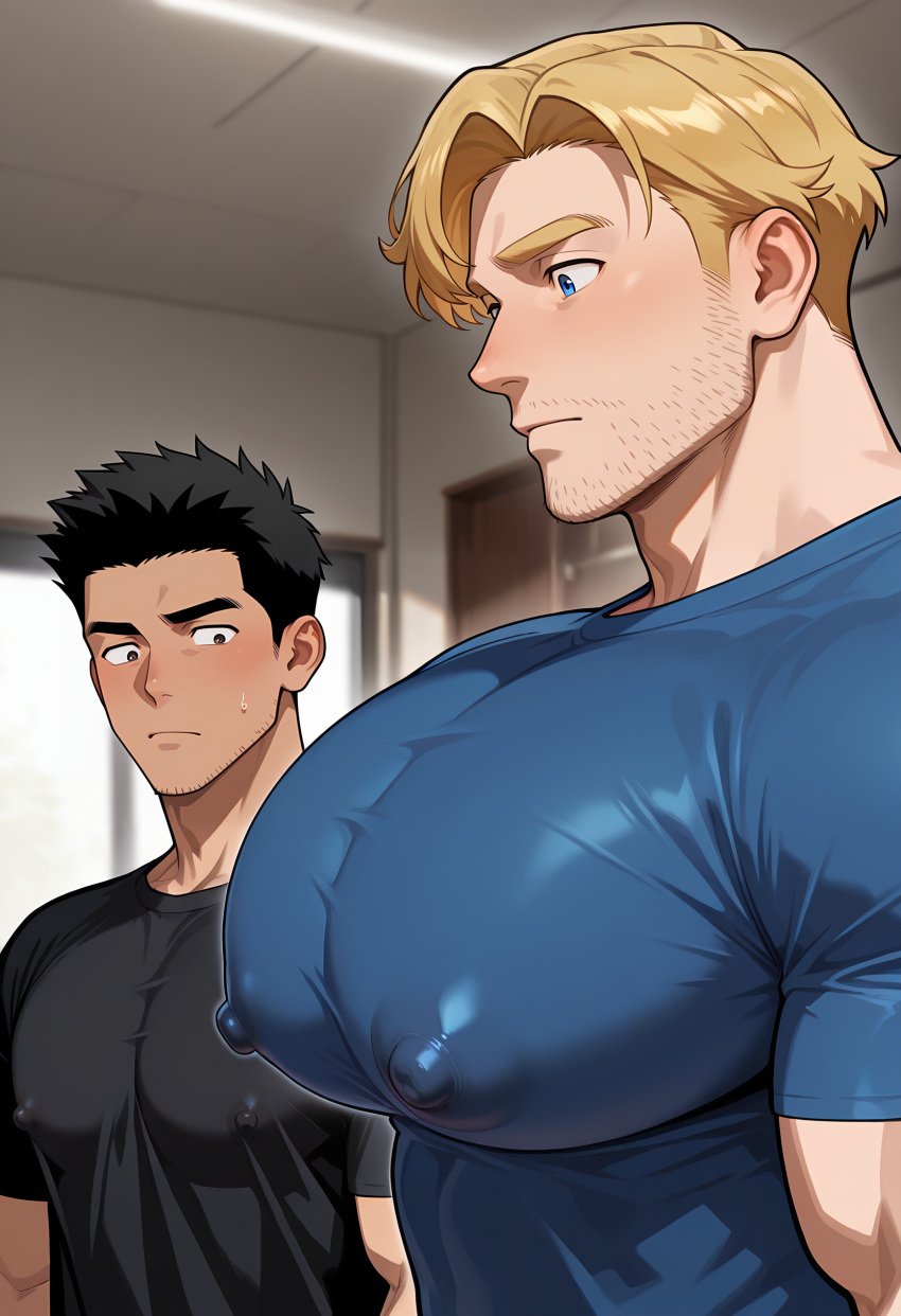 2boys abs ai_art ai_generated ao_isami bara bara_tits beard_stubble big_pecs big_pectorals black_hair black_hair_male blonde_hair blonde_hair_male blush cwhk facial_hair gay gay_male girl_staring_at_guy's_chest huge_pecs huge_pectorals large_pecs large_pectorals lewis_smith light-skinned_male light_skin light_skinned_male male male_only man_boobs man_tits meme multiple_boys multiple_males muscular muscular_male nipple_bulge nipples nipples_visible_through_clothing pecs pecs_bigger_than_head pectorals staring staring_at_chest staring_at_pecs stubble sweatdrop tan-skinned_male tan_skin tan_skinned_male tight_clothes tight_clothing tight_shirt yuuki_bakuhatsu_bang_bravern