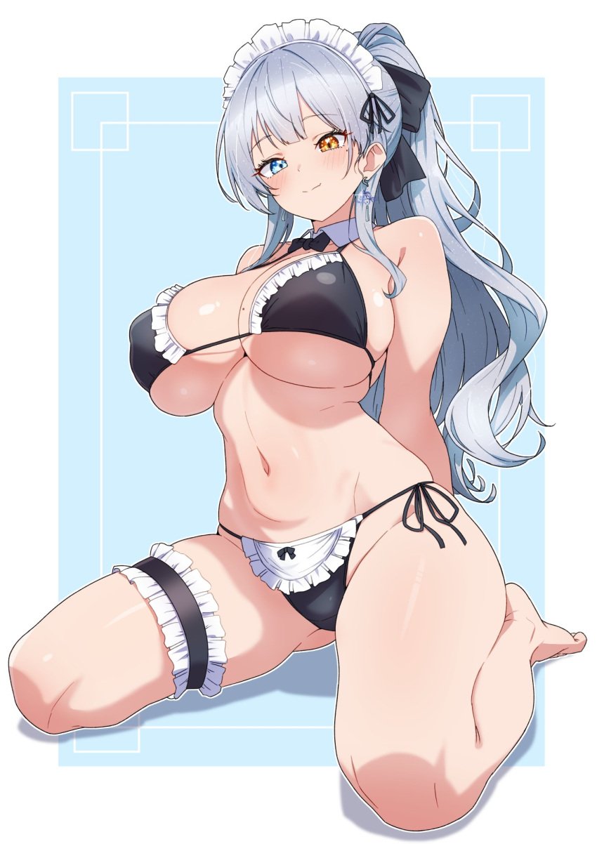 arms_behind_back barefoot bikini black_bikini blue_eyes breasts closed_mouth female frilled_thigh_strap grey_hair highres kamidan large_breasts long_hair maid maid_bikini maid_headdress navel original ponytail side-tie_bikini_bottom sitting smile solo stomach swimsuit thigh_strap thighs unconventional_maid wariza yellow_eyes