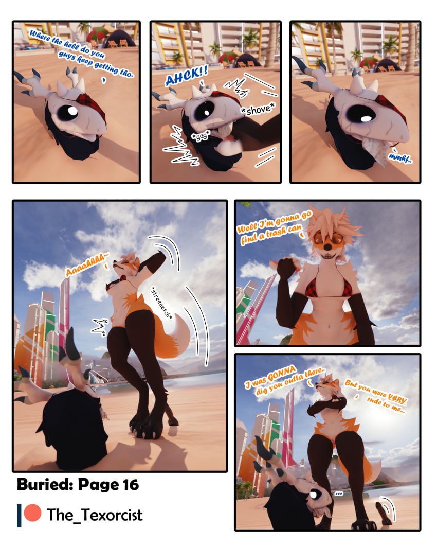 3d_(artwork) absurd_res american_mythology anthro antlers beach bikini bikini_top black_body black_fur bodily_fluids bone bottomless bottomless_anthro bottomless_female bovid breasts canid canine caprine chimney_(the_texorcist) clothed clothing comic dialogue digital_media_(artwork) duo female fox fur gag gagged gagging genital_fluids genitals hair hi_res horn indigenous_north_american_mythology male male/female mammal monster mythology north_american_mythology outside penis pussy sea skull skull_head standing standing_over swimwear tail tex_(the_texorcist) the_texorcist toilet_paper toilet_paper_in_mouth topwear two-piece_swimsuit underwear underwear_on_head urine urine_on_face water wendigo