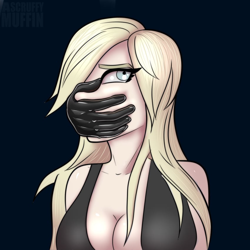 1girls ascruffymuffin blonde_hair cleavage disembodied_hand female fully_clothed gagged hand_gagged png