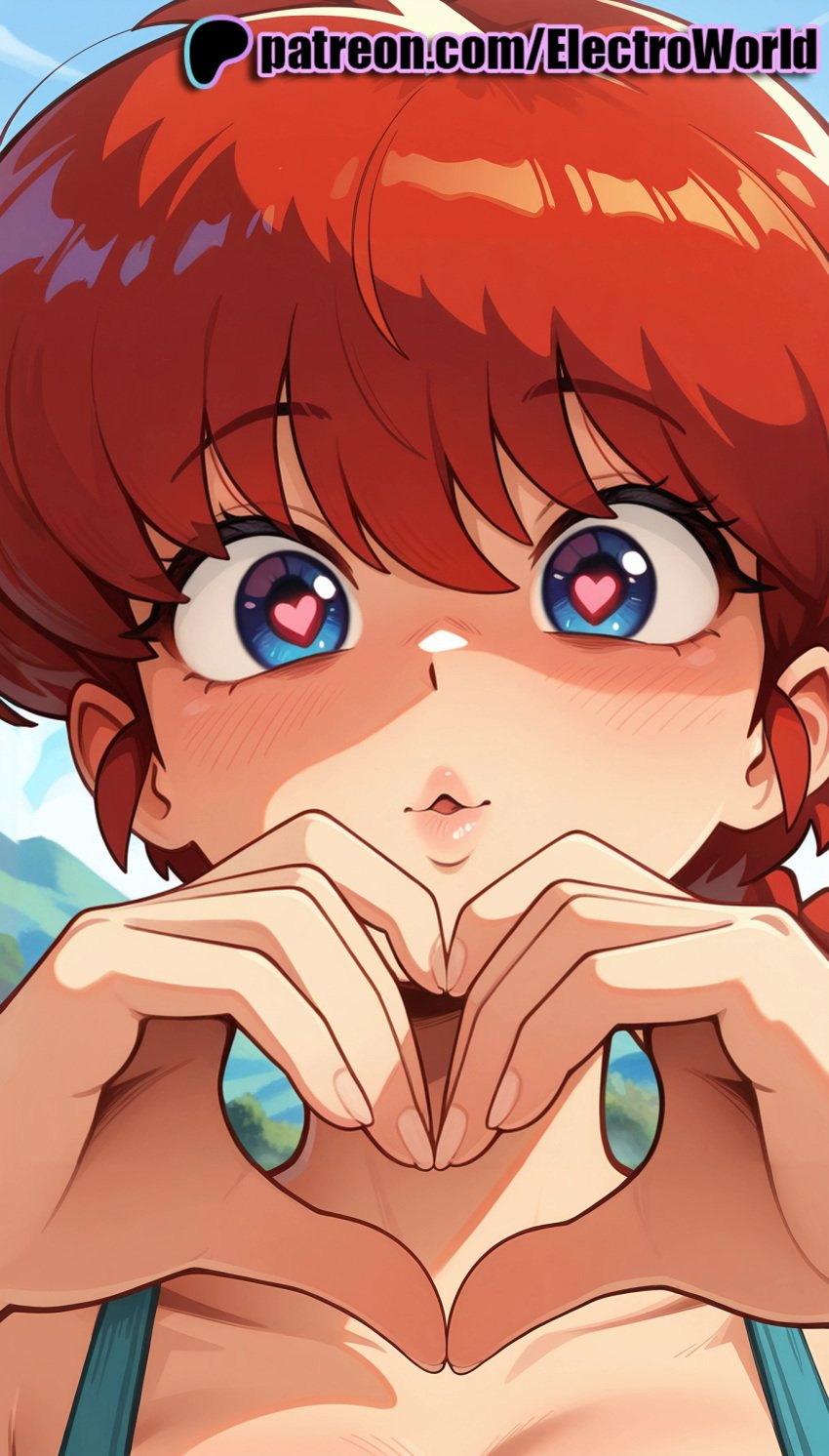 1girls 2025 ai ai_assisted ai_generated anime anime_girl anime_style artist_name blue_eyes blush electroworld eyebrows_visible_through_hair face female genderswap_(mtf) heart heart-shaped_pupils heart_hands hi_res high_quality high_resolution highres looking_at_viewer patreon patreon_username ranma-chan ranma_1/2 ranma_saotome red_hair rule_63 smile solo stable_diffusion symbol-shaped_pupils watermark