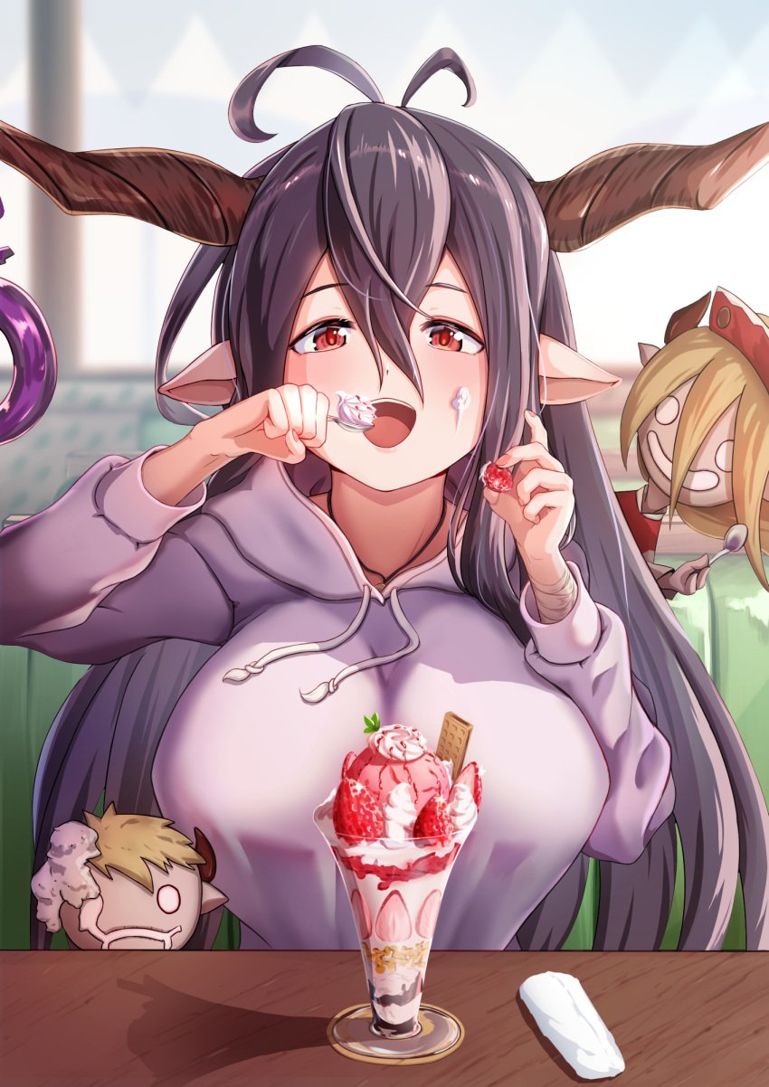 bandages black_hair breasts commission cream cream_on_face danua doll draph female food food_on_face granblue_fantasy hair_between_eyes highres hood hoodie horn_ornament horns large_breasts long_hair parfait pizzicato_il pointy_ears red_eyes skeb_commission strawberry_parfait