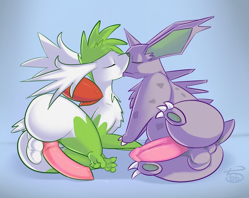 ass balls big_penis blue_background kissing knot legendary_pokemon lying male nidorino nintendo on_side pcred566 penis pokemon pokemon_(species) shaymin simple_background video_games yaoi