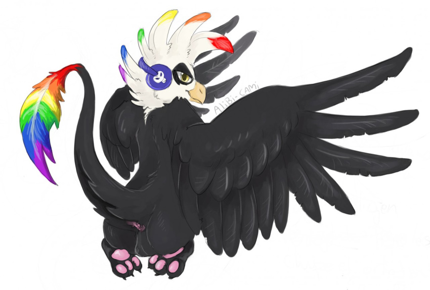 alibi-cami anal anus ass avian back balls gryphon headphones male original original_character paws rainbow showing sitting skoop skoop_(character)