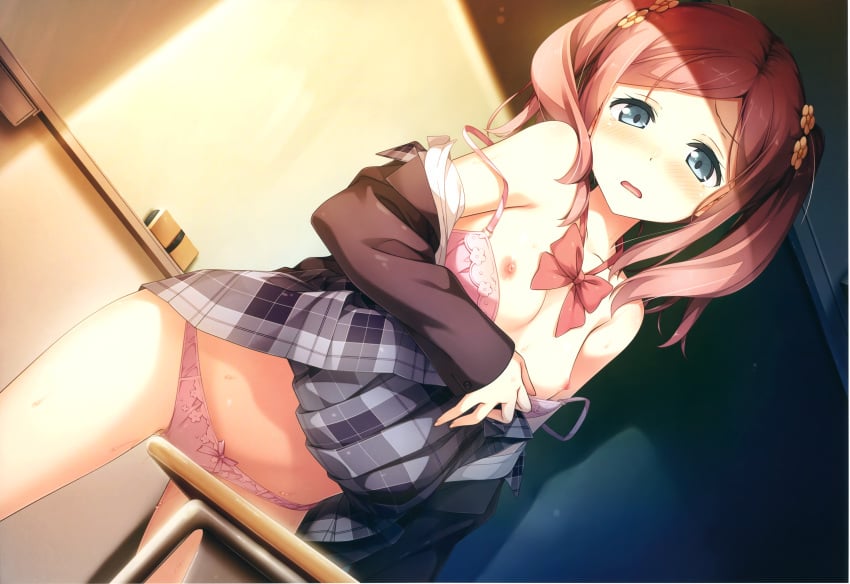 absurdres blue_eyes blush bow bow_panties bra chiyoda_momoka classroom clothed_masturbation clothing dutch_angle female female_only femcum_under_clothes flower hair_flower hair_ornament highres huge_filesize human indoors kantoku koi_suru_kanojo_no_bukiyou_na_butai masturbation masturbation_through_clothing nipples off_shoulder open_mouth panties pink_bra pink_hair pink_panties plaid plaid_skirt pleated_skirt school_uniform skirt skirt_lift small_breasts solo strap_slip sweat table_humping tears tied_hair twintails underwear