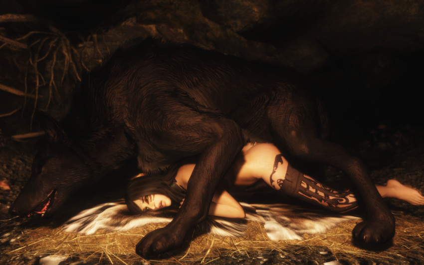 3d :q all_fours animal black_hair canine cave cum_inside cum_while_penetrated doggy_style erection female feral from_behind interspecies looking_back mammal open_mouth penetration sex skyrim tattoo the_elder_scrolls tongue_out vaginal_penetration wolf yellow_eyes zoophilia