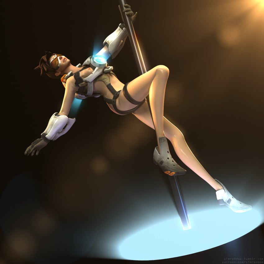 1girls 3d brown_hair female female_only functionally_nude goggles harness mostly_nude overwatch pole_dancing reddoe solo solo_female source_filmmaker stripper_pole tracer