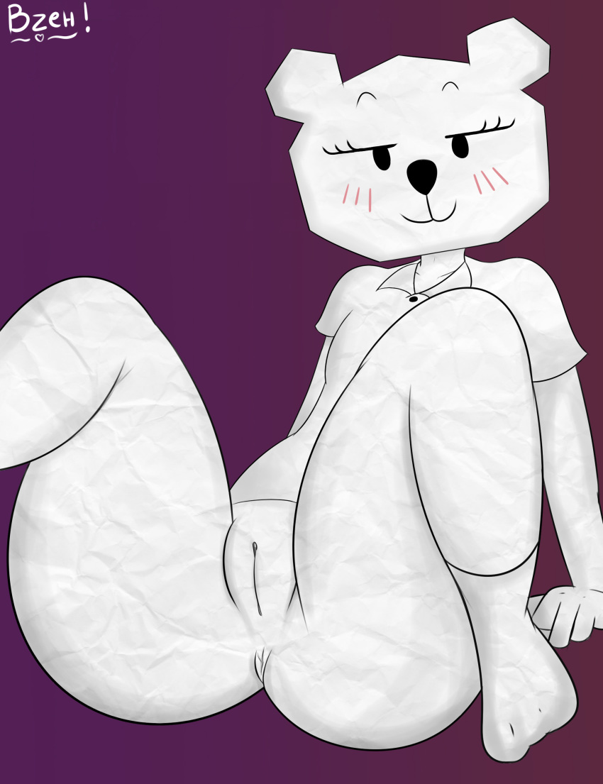 2015 anthro anus ass bear black_eyes blush bzeh cartoon_network clitoris clothing eyelashes female mammal paper presenting presenting_pussy purple_background pussy simple_background smile solo spreading teri_(tawog) the_amazing_world_of_gumball