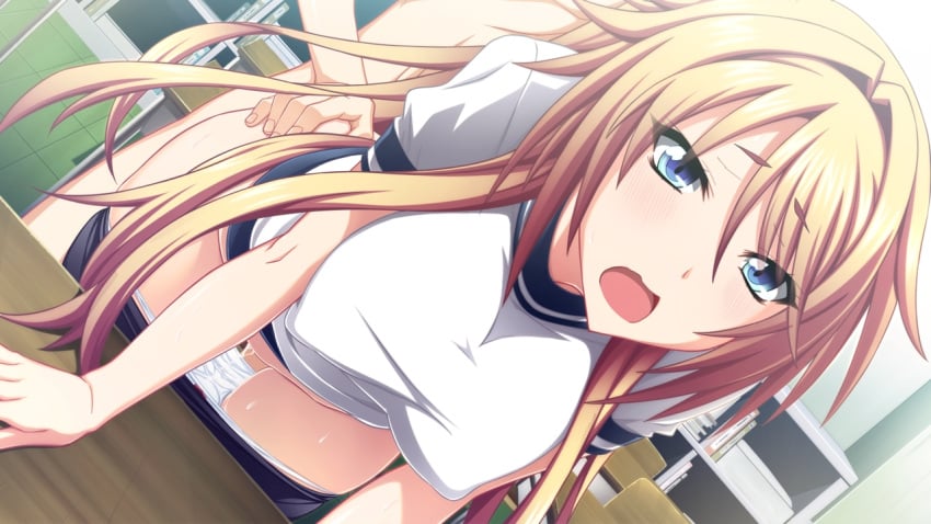 blue_eyes blush brown_hair clothed_sex doggy_style game_cg long_hair open_mouth sex tsujidou-san_no_jun'ai_road tsujidou_ai