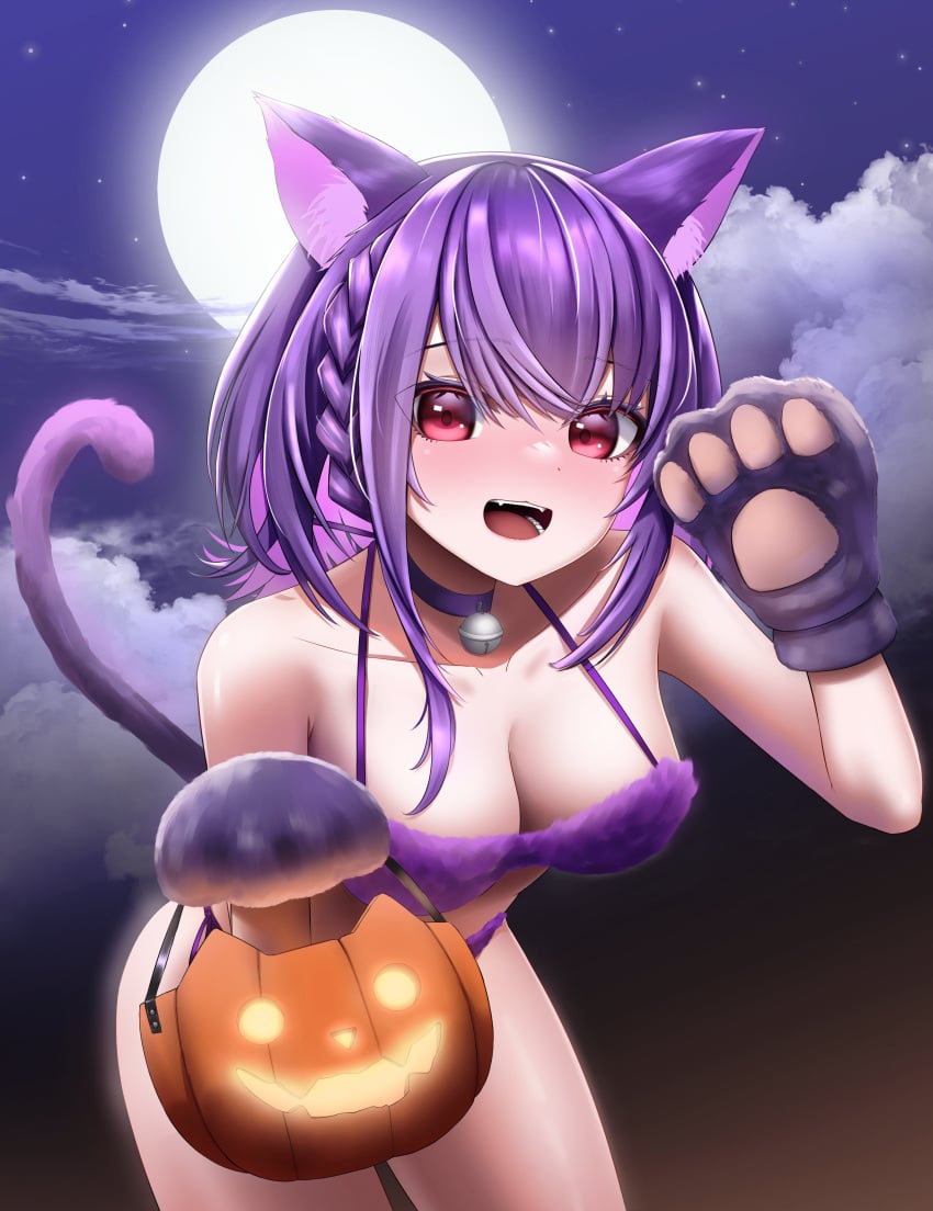 1girls angy_catto animal_ears blush breasts cat_ears cat_tail catgirl cleavage clothed clothing female female_only first_porn_of_character gloves huge_breasts light-skinned_female light_skin moon nose_blush open_mouth paw_gloves purple_hair red_eyes revealing_clothes sexy skimpy_clothes solo tail virtual_youtuber vols wavefile