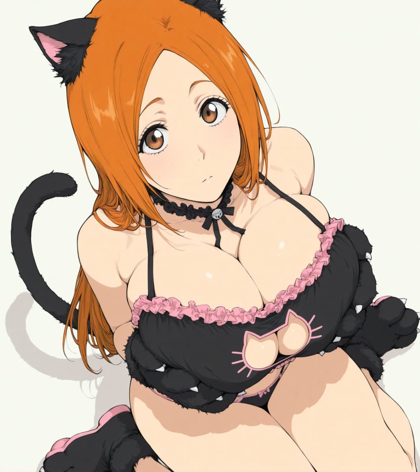 ai_generated bleach cat_lingerie cleavage_cutout holding_breast inoue_orihime large_breasts wariza