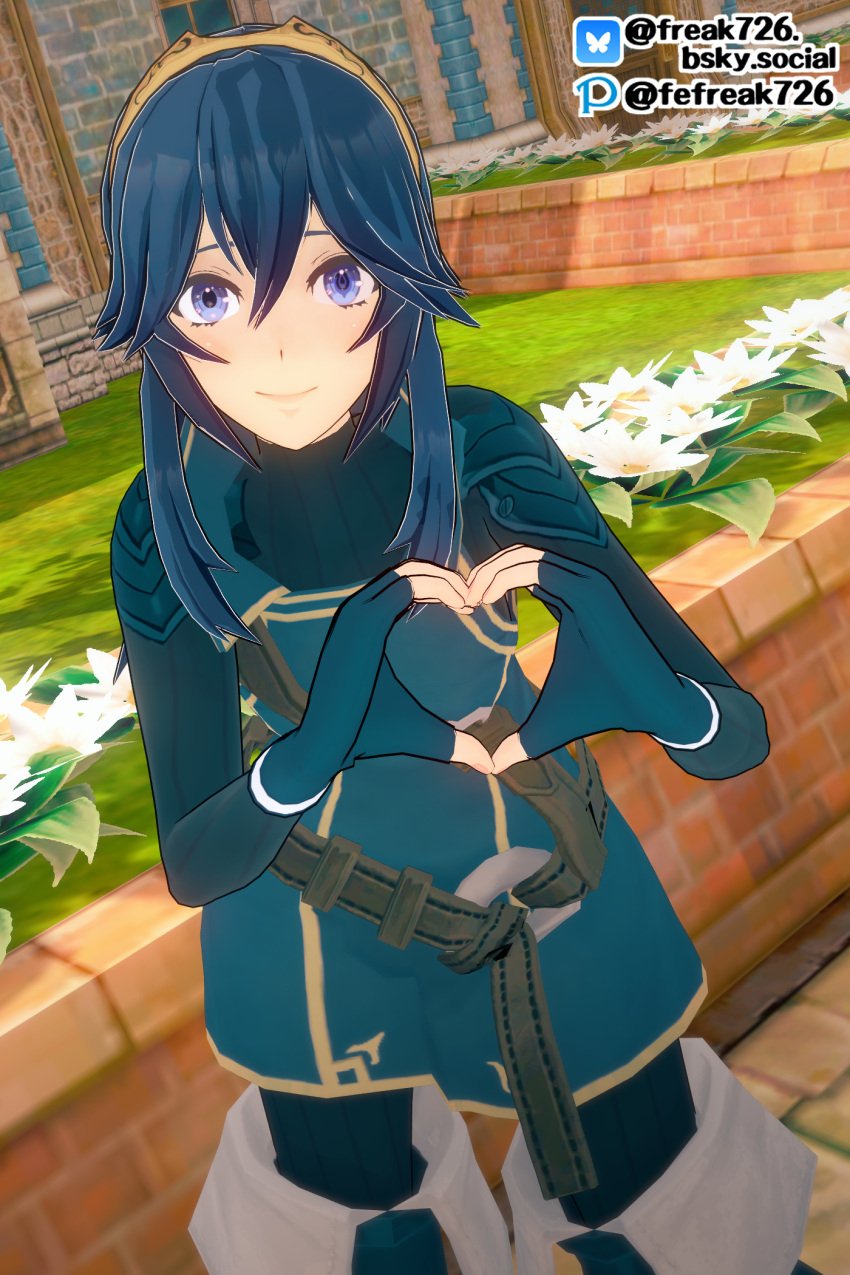 1girls 3d belt blue_eyes blue_hair boots brand_of_the_exalt breasts fefreak726 female female_only fingerless_gloves fire_emblem fire_emblem_awakening flower gloves hair_between_eyes heart heart_hands leaning_forward long_hair long_sleeves looking_at_viewer lucina_(fire_emblem) medium_breasts nintendo outdoors smile solo standing sweater symbol-shaped_pupils tiara