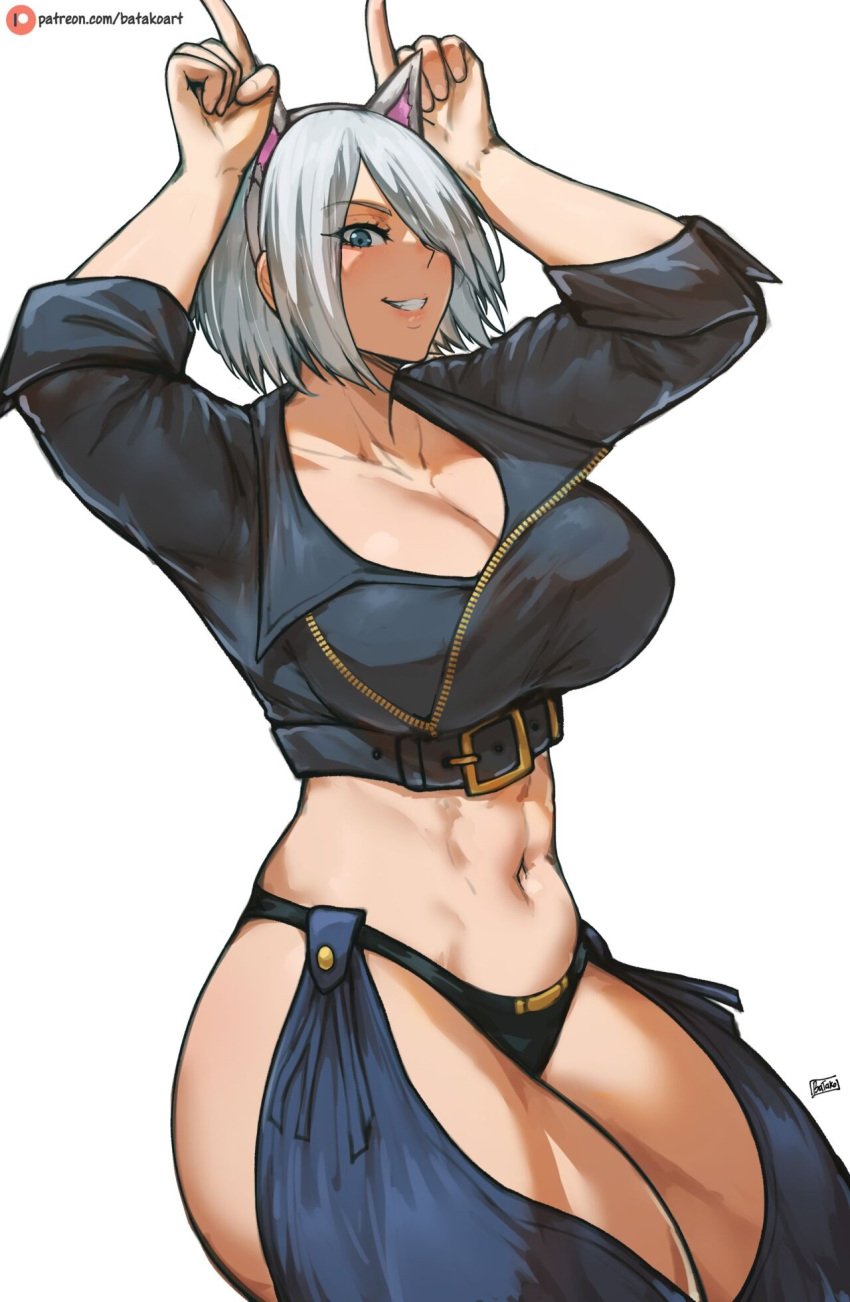 1girls angel_(kof) bakaatako batako big_ass big_breasts blue_eyes breasts busty cat_ears cat_girl catgirl cleavage clothed curvaceous curvy_figure female fit_female hands_up huge_ass huge_breasts jacket king_of_fighters legwear light-skinned_female light_skin muscular muscular_female pale-skinned_female pale_skin pointing short_hair smiling standing thick thick_legs thick_thighs thighs thong toned toned_female voluptuous voluptuous_female white_hair