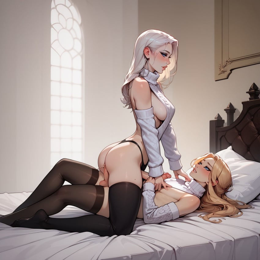 1femboy 1futa ai_generated anal anal_sex bed bedroom blindparty blonde_hair civitai crossdressing femboy futanari lingerie male_on_futa penis sex stockings trap virgin_killer_sweater white_eyes white_hair