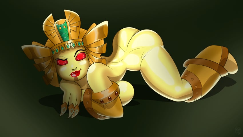 ass atomictiki big_ass female golden_queen golden_skin nude presenting_ass red_eyes red_lips red_lipstick simple_background skylanders solo solo_female