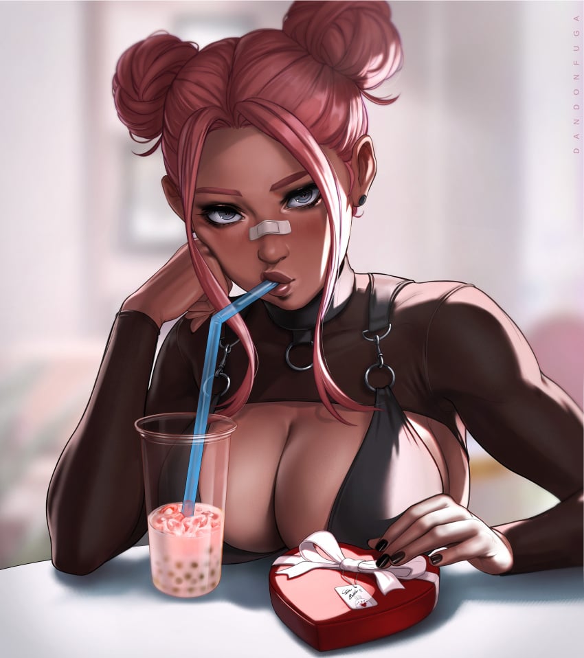 1girls bandage bandage_on_nose beverage big_breasts black_nail_polish black_nails blue_eyes boba_tea box_of_chocolates bra breasts breasts_on_table bubble_(dandon_fuga) choked cleavage clothed clothing dandon_fuga dark-skinned_female dark_skin double_bun drink drinking drinking_tea female female_focus female_only fingernails hair_bun hair_buns heart heart_shape_box large_breasts looking_at_viewer nail_polish nails original original_character petite pink_hair purple_eyes seductive_eyes seductive_look see-through see-through_clothing see-through_shirt short_hair solo solo_female solo_focus table tea valentine&#039;s_day