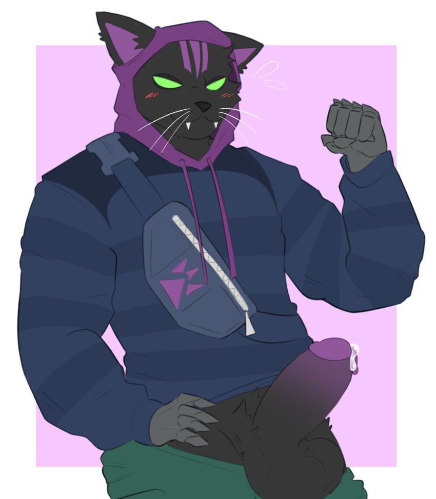 anthro balls black_body black_fur bluedomstar blush bodily_fluids catboy clothing epic_games erection felid feline fortnite fur genital_fluids genitals glowing glowing_eyes half-closed_eyes hi_res hoodie humanoid_genitalia humanoid_penis male male_only mammal multicolored_body multicolored_fur narrowed_eyes nyanja_(fortnite) penis pouch_(clothing) precum robotic_hand solo sweat topwear whiskers